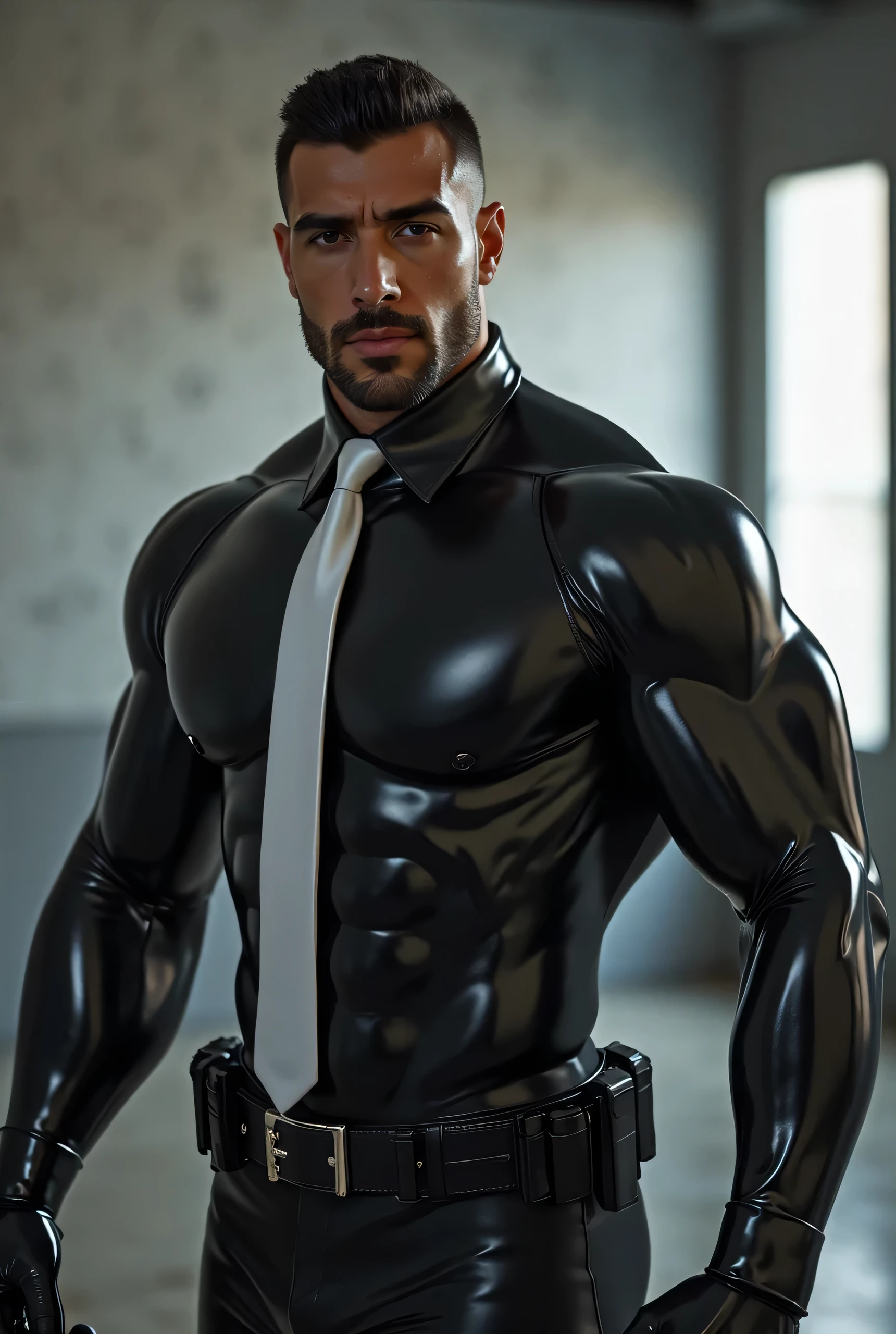 Muscular man in a latex three piece suit