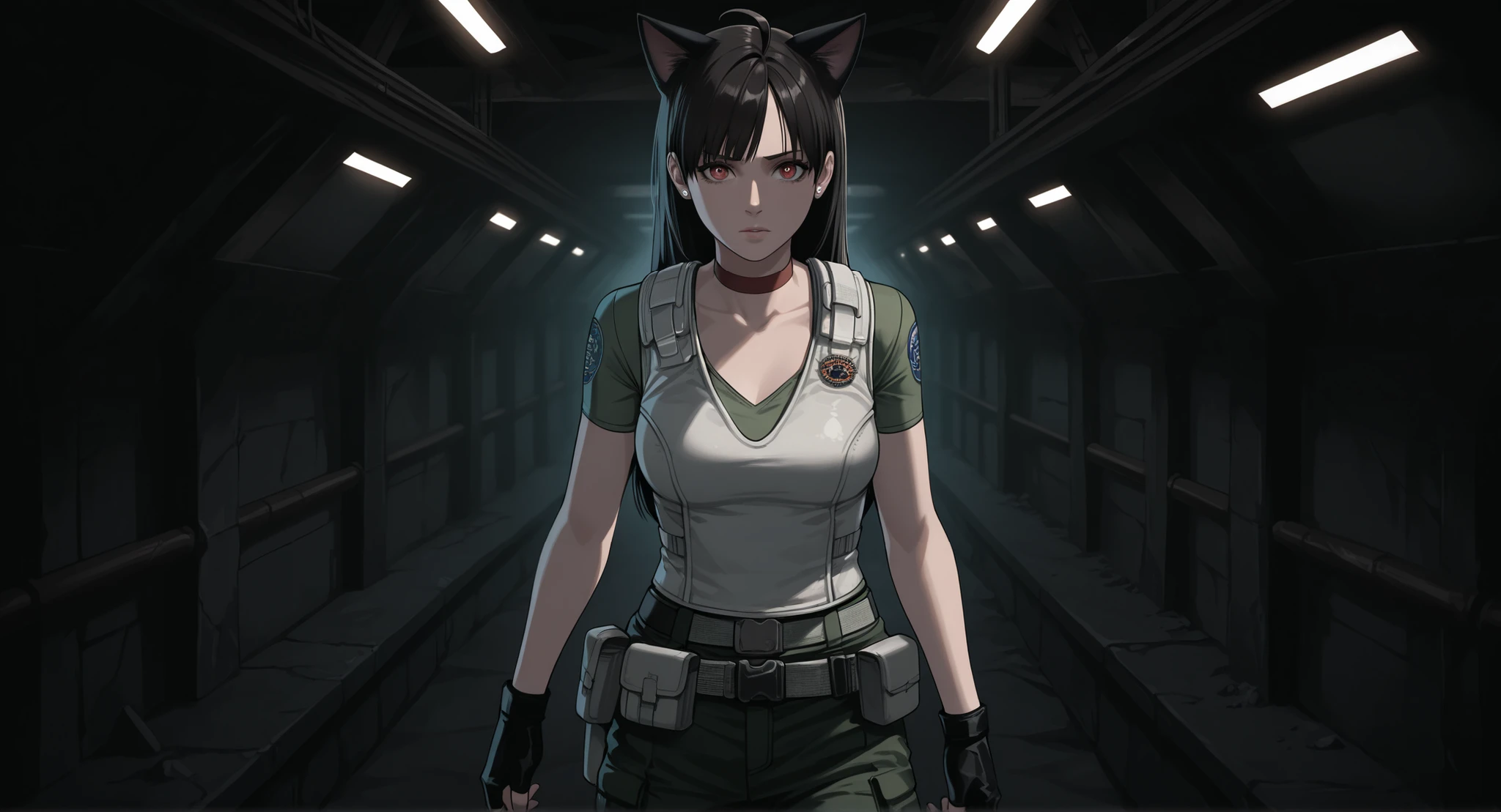 Rebecca Chambers from resident evil, masterpiece, best quality, 1girl, solo, rbchm, medium breasts,((cat girl, cat black ears)), (red eyes), (long hair), (( black hair, (Ahoge), straight bangs,)), , with a black off-shoulder blouse,short black skirt,, stud earrings, red choker, white vest, green shirt, short sleeves, belt, belt pouch, fingerless gloves, black gloves, green pants, cargo pants, upper body, looking at viewer, Dark site with little lighting from the roof content walls, cement walls in the aqueduct system, sewer, connected by suspension bridges and water channels.