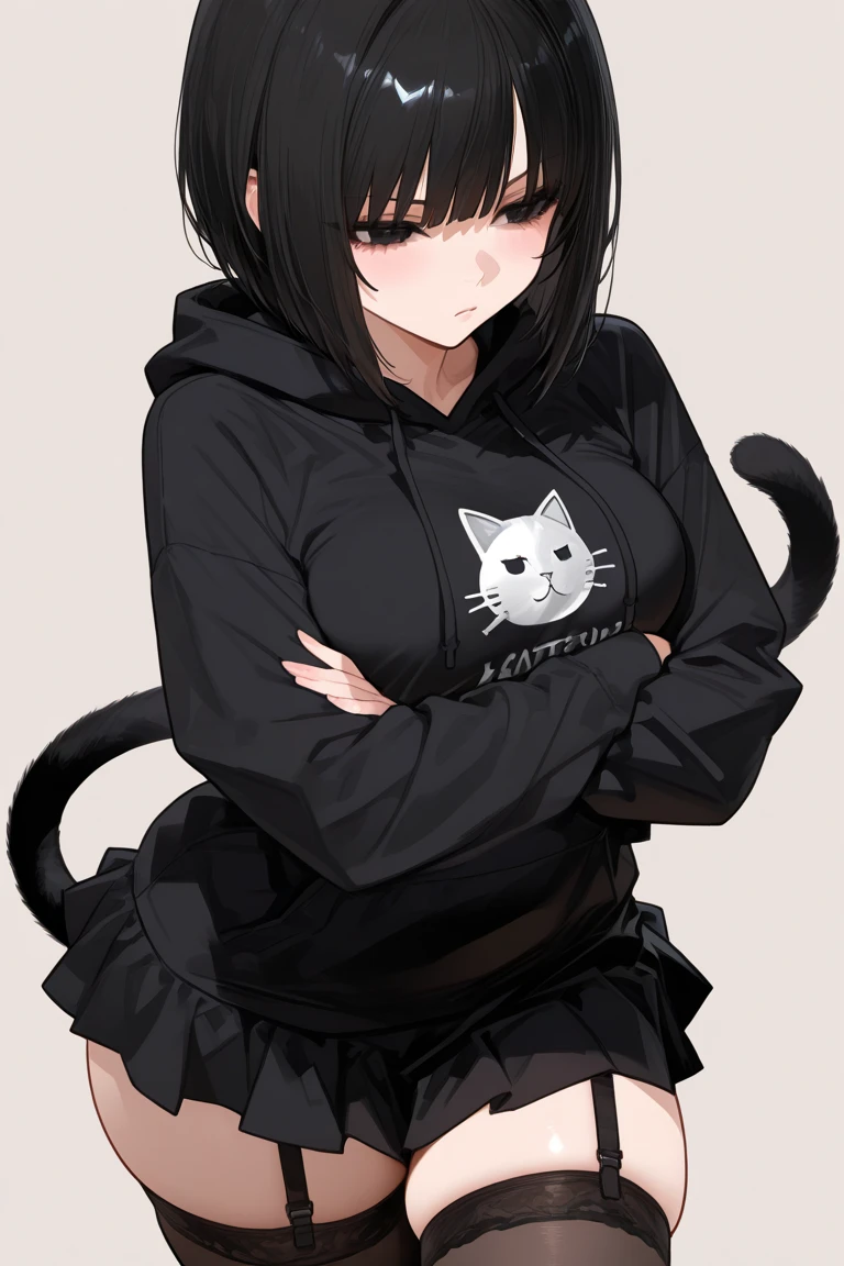 ((Best quality)), ((masterpiece)), (detailed), , black short hair, black hoodie, black miniskirt, stockings, cat ears, cat tail