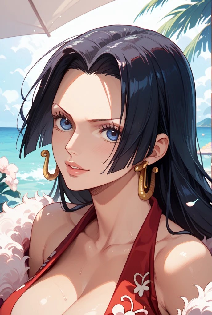 Anime, 8k, high definition, masterpiece, ((ultra detailed background, delicate pattern, intricate detail, highly detailed, fine details best quality, beautiful face)), beautiful lighting, absurdres, TyLee, 1girl, solo, brown hair, braid, smile, long hair, brown eyes, navel, midriff, braided ponytail, swimsuit, bikini, small breasts, bare shoulders, ((complex detailed background, beach, sand, ocean, outside, palm tree, sunbed, blue sky)),