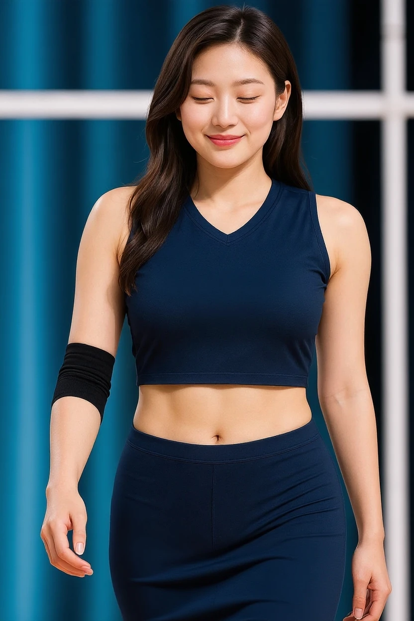 (best quality), ((8k, raw, masterpiece: 1.5)), ((professional photography, sharp: 1.2), ((half body photoshoot)), perfect dynamic composition, (natural sun light), (soft shadow), (1 girl), black medium curly hair, Ultra-detailed faces and skin, perfect Asian, gorgeous, White skin, (Delicate skin:1.4), (latex skin:0.4), (perfect glowing skin:0.3), (huge round breast: 1), light brown eyes, beautiful eyes, round eyes, pretty face, blush, glossy lips, plump lips, high nose bridge, glossy eyes, Really moist skin, (((huge smile))), looking at camera, (((wear dark blue tank top, white yoga pant, and blue baseball cap)))