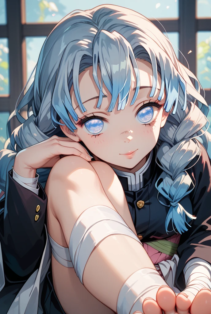 ((absurdres)), (((best Quality))), ((ultra detailed)), ((illustration)), full resolution, hdr, 8k, 16k, (Masterpiece, Best quality:1.4), (Beautiful, Aesthetic, Perfect, Intricate:1.2), (ultra resolution:1.2), (ultra detailed), 1girl, nejire hado, periwinkle hair, drill hair, bangs, blue eyes, white button up shirt, BREAK, seifuku, grey blazer jacket, grey skirt, ((upper body)), studio lighting, (((medium breasts))), ((happy)) 