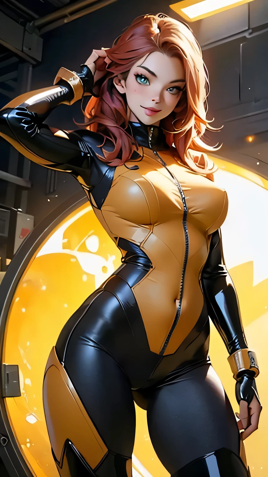 (best quality,8k:1.2,high resolution:1.2),ultra-detalhado,Realistic,retro science fiction female superhero,very long curly hair,rosto extremamente detalhados,long eyelashes,all sheer brown Collant de nylon Apertado,all brown orange pantyhose,brown latex gloves, brown Glossy plastic accessories,Physically-based rendering,foco nítido,studio lighting