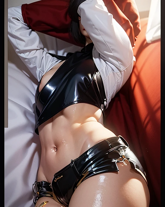 an naked anime woman laying down on a leather bed with a white dress, 1girl, breasts, pussy, solo, thighhighs, gloves, large breasts, lying, elbow gloves, navel, white thighhighs, long hair, underwear, brown hair, panties, white gloves, on side, looking at viewer, pillow, cleavage, blue eyes, blush ((1girl, solo, Reina Morimoto, morimoto_reina, (blue eyes, hair bun, high bun of hair), lipstick, jade earrings, muscular, fitness)), beautiful)), ((solo, (1woman, pink lipstick), Extremely detailed, ambient soft lighting, 4k, perfect eyes, a perfect face, perfect lighting, a 1girl)), ((fitness, shapely body, athletic body, toned body)),, ((rocker woman, punk girl, gray tank top, denim shorts, gray high heels, gladiator high heels, park in the background, gold jewelry, gold bracelets, ruby necklace, ruby earrings, ((smug woman)))