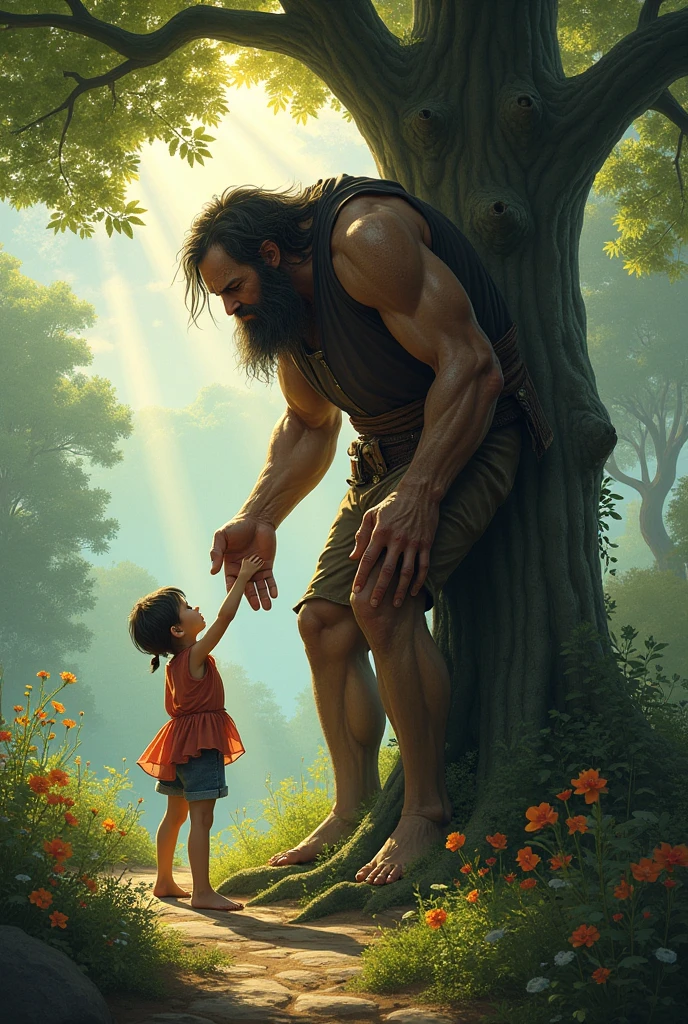 Image of a warrior father,he is standing playing with his daughter and son in the woods