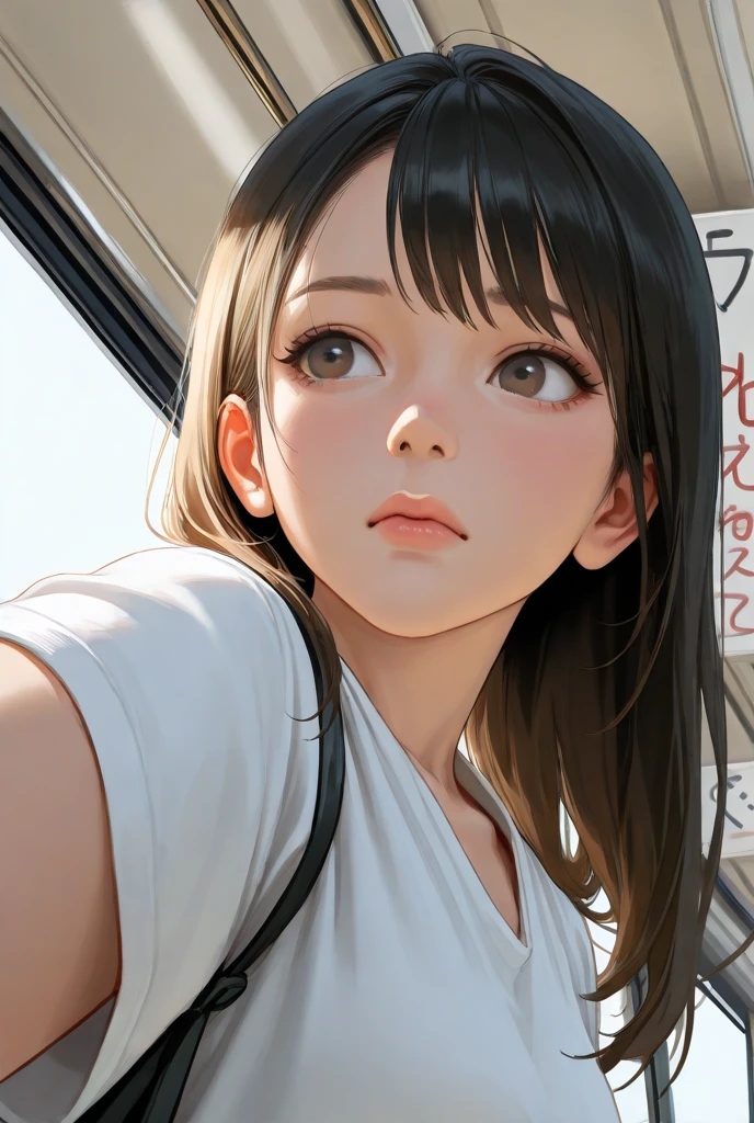 Realistic photos of cute Korean female stars, Uneven double tails, thin makeup, medium breasts size, A slight smil, Color T-shirt, In the bus, Clear facial features，sharp and realistic details, Sony FE, 35mm, Cinematic lighting, High details, hyper HD, High quality, HD, 8K, 16k