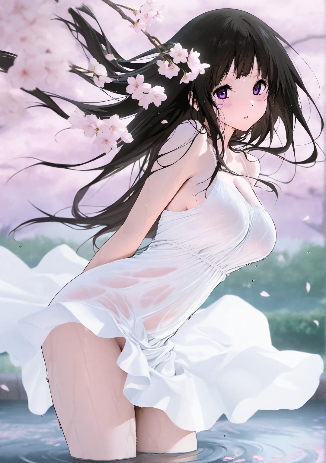 Amazing Chitanda, There is only one beautiful girl,Purple Eyes, Black Hair, Very red face,Very white skin,Glowing skin,Skin as delicate as porcelain,Naturally straight hair, Straight bangs,Extremely refined,Open lips,Long flowing hair,Beautiful Girl, Like a dream,Slim,Slim waist,Soft, (Sensual), (Kawaii), Dream quality,Beautiful big breasts,White transparent loose dress,Areola,Completely naked,Lower edge of breast,White gloves,Flower decoration,Deep V neckline,Loose neckline,Wide neckline,In school,The wind blows the hair,Place your hands on your inner thighs,Thighs clamp hands,Wet skin,Sweaty and sweaty,Sweating all over,On the snow,Back to,Hips,Side body,Gluteal groove,Completely naked的臀部,Bare back,Completely naked的背部,Light transmission,(no pants),nopan,pussy juice,Bare shoulders,There are no shoulder straps,Bare neck,Exposed collarbone,Exposing breasts,Exposing breasts侧面,Exposing breasts下面,Show your waist,Show your buttocks,Show your thighs,Exposing the groin,(No pants),extremely shy,Ultra-high resolution, (masterpiece:1.2, best quality), (Delicate and beautiful eyes: 1.2), (Beautiful and delicate face)