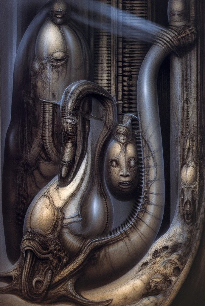 Giger_style, Create biomechanical tableau with some of the artistic techniques and compositional features used in /“The Tourist/” by H r (Hans Rudie) Giger:
The image is a surrealistic artwork featuring an alien robotics humanoid figures, each with a unique design, surrounded with pipes and gears, set against a background of intricate machinery
The central focus of the image is a nightmarish tableau of two biomechanical heads. They are connected by a network of pipes and tubes that appear to be either feeding them or draining them. The heads themselves are elongated and skeletal, with gaping maws. Their eyes are empty sockets, and their expressions are vacant and emotionless.
Heads are humanoid but industrial and ivorysh, with pipes and wires integrated throughout their structure. One face appears to be screaming, the other has its mouth open like a maw. They are surrounded by various mechanical doodads and tubes, and blend seamlessly into the background of industrial machinery.The biomechanical heads could have represented some kind of alien creatures, or they could have been machines that had become sentient
Used Airbrushing is a technique for applying paint using a device that sprays a fine mist. It is often used to create smooth, even coats of paint, and it can be used to create very detailed effects. Giger's use of airbrushing in this image creates a hyperrealistic quality to the biomechanical landscape, making it appear even more alien and unsettling. It is also often used to create very smooth and even gradients of color.
The use of a dark palette with blacks, purplish browns, and grays creates a sense of mystery and dread. The dark colors obscure the details of the image, making it difficult for the viewer to see what they are looking at. This ambiguity adds to the unsettling nature of the work. The dark colors also help to emphasize the biomechanical elements in the painting.
The background features even more machinery, including pipes, gears, and cables.
