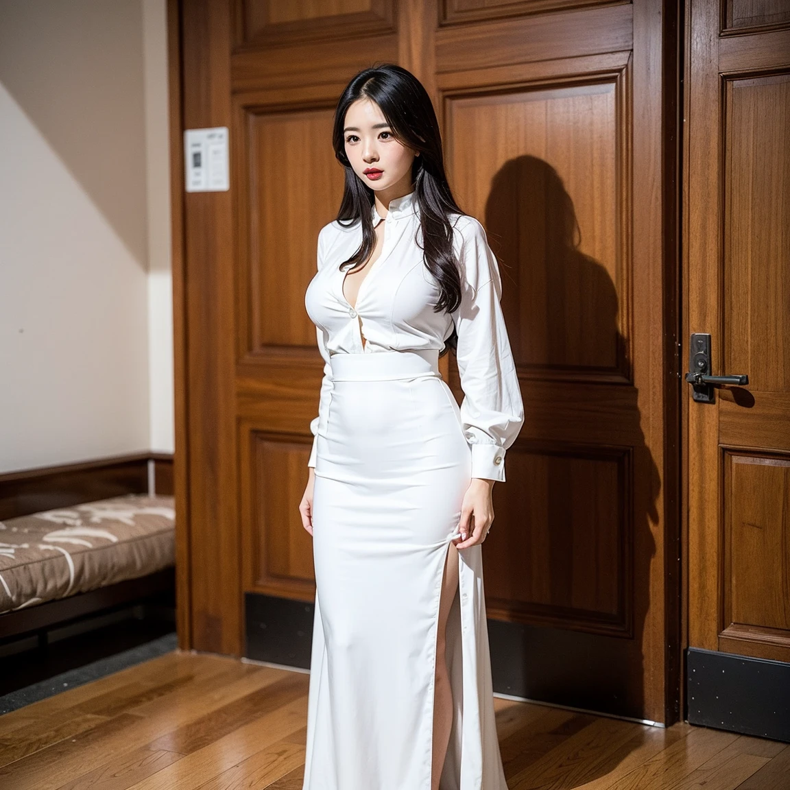 ((best quality)), ((masterpiece)), (detailed), perfect face, chubby female, big breast, fat belly, full body, chubby thighs, thick neck, wearing longest dress and thight skirt, black room