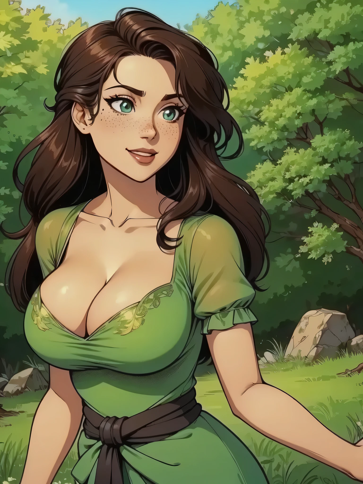 (masterpiece,detailed,highres:1.4), sexy barmaid lifting her own breasts, long wavy red hair, freckles, (perky) gigantic breasts, detailed tight dirndl corset, laces, cleavage, ((strap pull, pulled by self)), looking at viewer, green eyes, seductive smile, outdoors, bar,