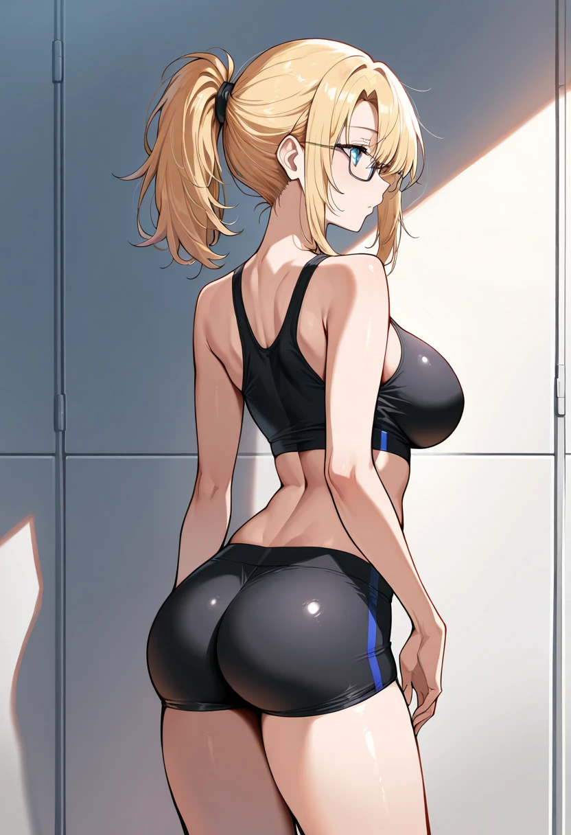 (software:1.5), (Navy blue school swimsuit)、Dark brown wavy long hair、Droopy eyes, Thick thighs, Such an ass, Liar, bed, Open crotch, Dettol, Spread your legs, Show your side, Down the Out、Tears are overflowing、Glasses、(Dynamic pose)、Untidy body、Dynamic Angles、Turning around、Big Ass、It&#39;s digging into my ass