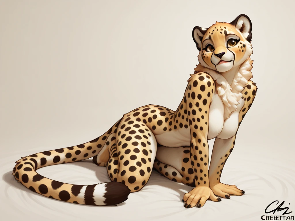 Closeup of an anthro furry cheetah female, nude, big breasts, paws, paw pads towards viewer, high quality photography, 3 point lighting, flash with softbox, 4k, Canon EOS R3, hdr, smooth, sharp focus, high resolution, award winning photo, 80mm, f2.8, bokeh