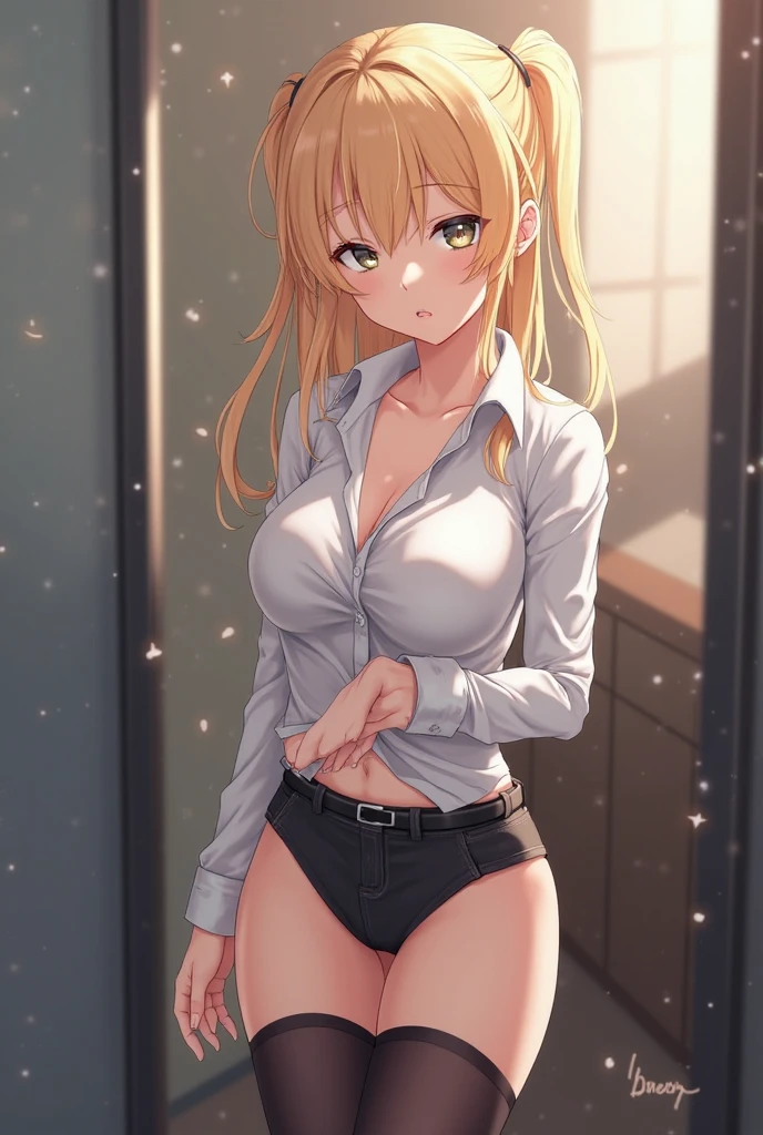 (8k、Best image quality、highest quality、masterpiece)、Detailed face、One girl、gyaru、Blonde、Long Hair、Grey Eyes、evil smile、((Grin))、Large Breasts、((White collared shirt))、cleavage、leopard print panties、Pretend、Turning your butt off、Shoot from behind、Cowboy Shot、Bathroom Background