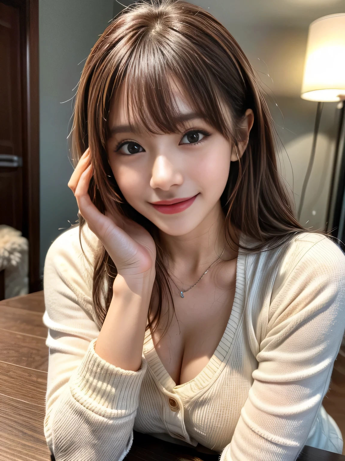 (masterpiece, Highest quality, Very detailed, Best Shadow:1.2), High resolution, ((Cinematic Light)), Hyper Detail, Dramatic Light, Intricate details, Dynamic Angle, (Very detailed CG ユニティ 8k 壁紙:1.2), Shyness, ((masterpiece)), (Very detailed), (Very detailedUnity 8k壁紙), (Realistic Skin), (Realistic photos, Realistic, Photorealistic), Beautiful Japanese Women, Narrow Face, (White knit dress:1.4), Beautiful Hair,Brown Hair, Medium Hair,Beautiful Face, Delicate and beautiful eyes, smile,Beautiful feet, See through,Low angle shot