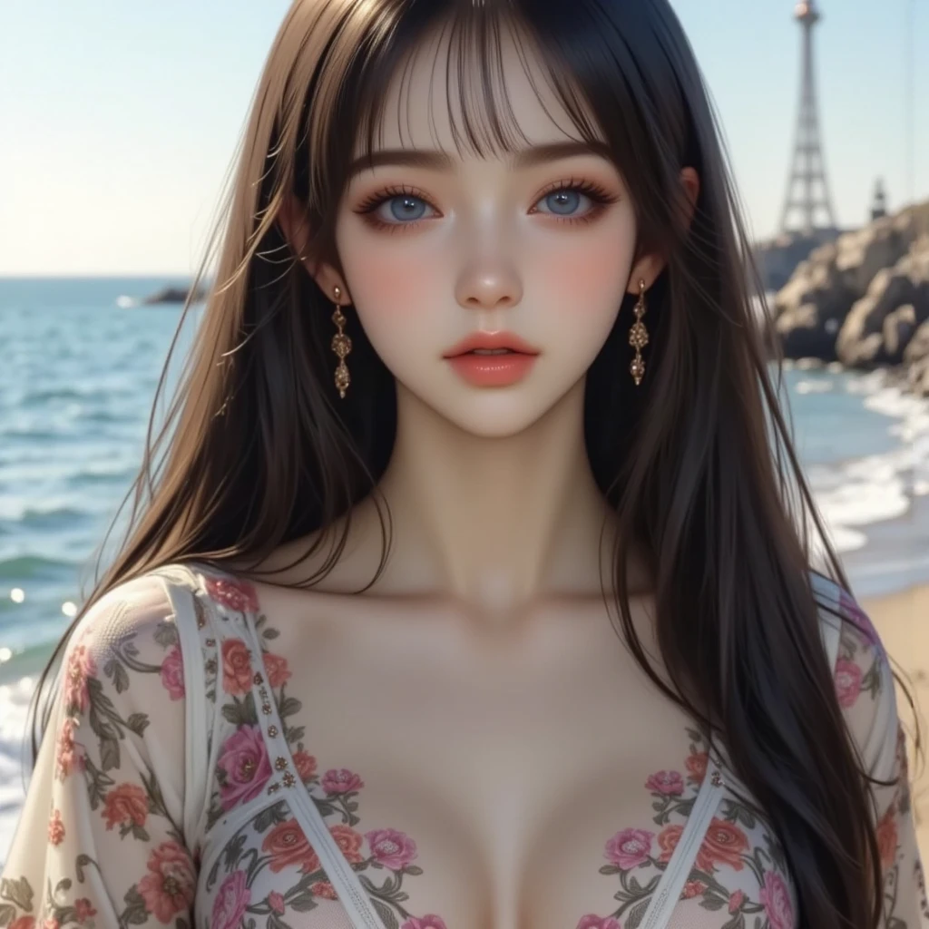 Masterpiece, Best quality, 1womanl, A high resolution, Beautiful girl , yamatowanpi,Large breasts,cleavage,White color blouse,looks into camera,Bust photo,Raised sexy,Be red in the face,Sea background,ssmile