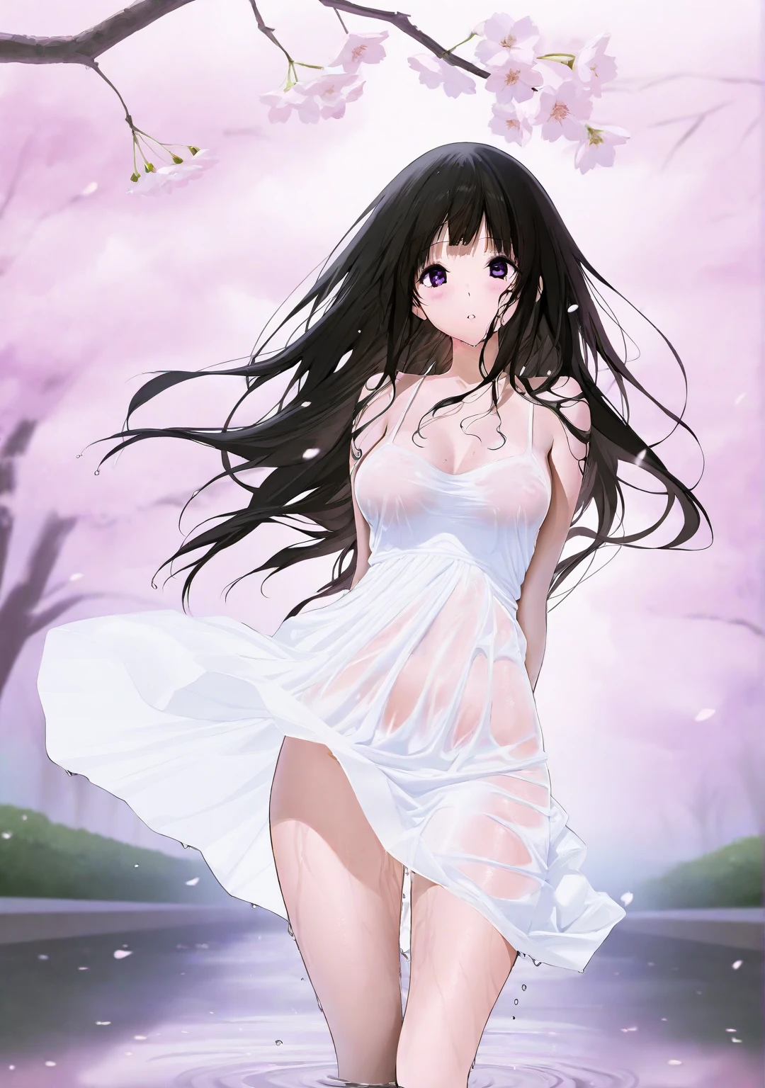 Amazing Chitanda, There is only one beautiful girl,Purple Eyes, Black Hair, Very red face,Very white skin,Glowing skin,Skin as delicate as porcelain,Naturally straight hair, Straight bangs,Extremely refined,Open lips,Long flowing hair,Beautiful Girl, Like a dream,Slim,Slim waist,Soft, (Sensual), (Kawaii), Dream quality,Beautiful big breasts,Half of the areola is exposed,white summer dress,The clothes are completely transparent,Deep V neckline,Loose neckline,Wide neckline,In the flower fields,Endless flowers,Wind blows up skirt,no pants,Flying Butterflies,Bare shoulders,Bare neck,Exposed collarbone,Showing breasts,Show your waist,Show your buttocks,Show your thighs,Exposing the groin,No pants,extremely shy,Ultra-high resolution, (masterpiece:1.2, best quality), (Delicate and beautiful eyes: 1.2), (Beautiful and delicate face)