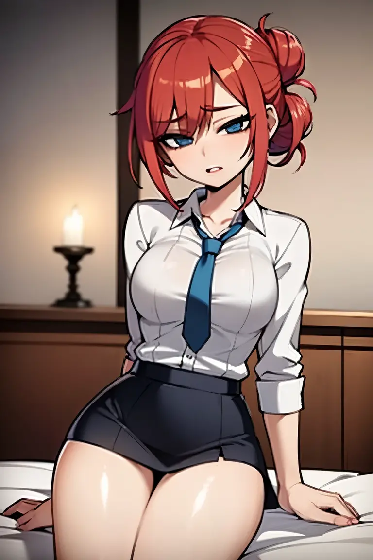 An anime girl with red hair and blue eyes wearing a skirt and an open shirt revealing a black and red bra