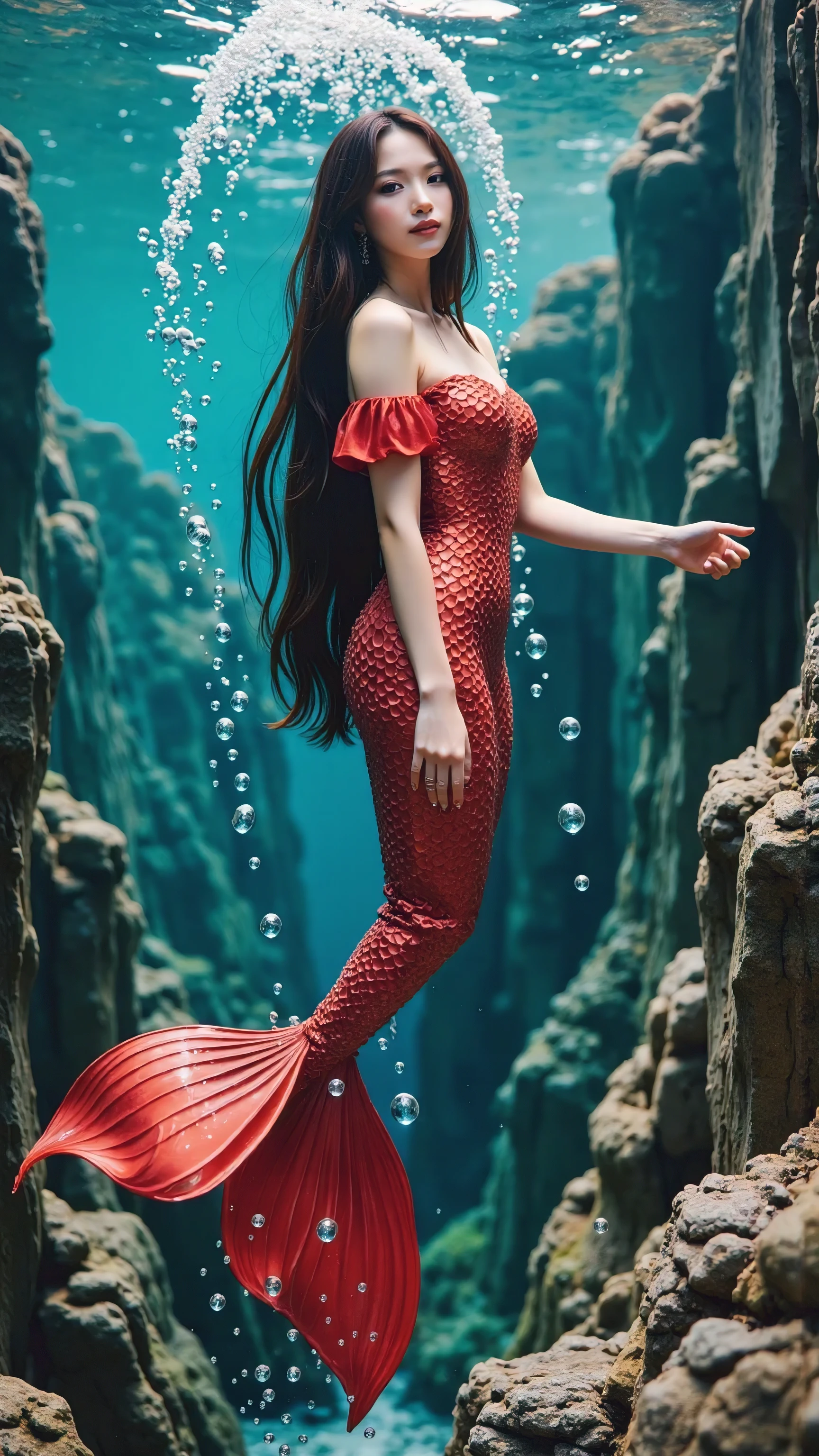 The Little Mermaid、 It personifies a very beautiful young Japanese and half Korean woman 、double eyelid, droopy eyes, A dynamic pose, Smiling gently, Slim and feminine figure、ruby red Off-the-shoulder one-piece clothes. (((Mermaid Fin))), Woman with long, beautiful blue black 。Bewitching beauty、 crystal clear white skin、Droopy eyes、double eyelids、 In the ocean with beautiful Japanese emerald green seawater and coral reefs 。 ensures a balanced composition that emphasizes the graceful movements of the model and the deep color of the background。 Hair fluttering in seawater 。 Cold lighting emphasizes texture and fine details 。 Background and depth of building 。 RAW photos 、Drawn in one-point perspective, the seawater, bubbles and coral reefs add to the realism. A medium focal length lens was used to photograph the scene at eye level, ensuring a balanced composition that accentuates the graceful movements of the model and the vibrant colours of the seawater and bubbles. The depth of field is beautiful.