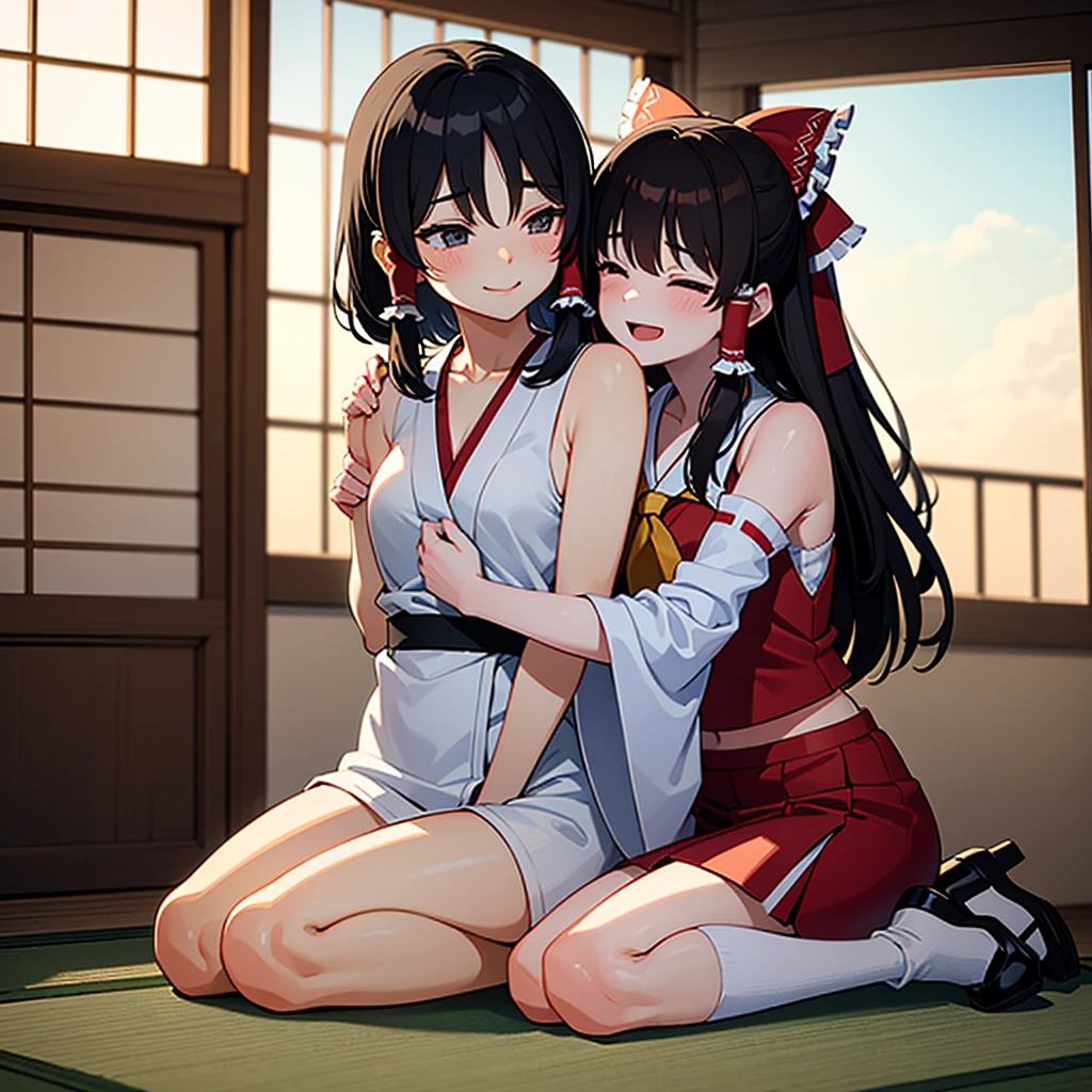 Ponytail sisters，kimono，Japanese-style room，Unbuttoned，sexy，They are hugging each other，Erotic