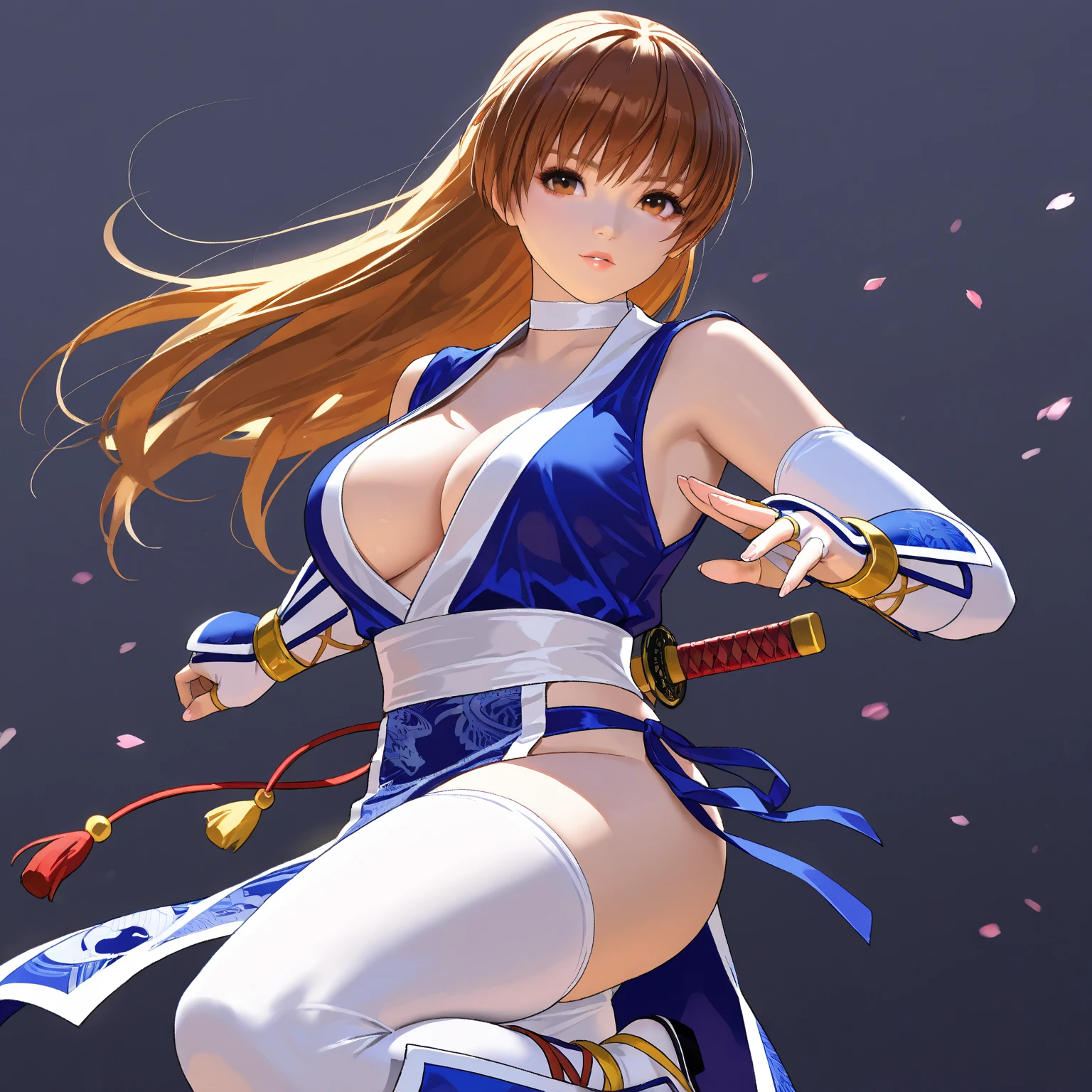 ((Mai Shiranui)), perfect body, perfect breast, bombshell body, This image features Mai Shiranui, a well-known character from the King of Fighters and Fatal Fury video game series. Mai is depicted in a provocative pose, turning to her right while looking over her shoulder with a confident and teasing expression. Her outfit consists of a red, sleeveless kunoichi (female ninja) garment with a plunging neckline and high-cut sides, exposing her legs and emphasizing her curvy figure. She wears a white belt around her waist, white armbands, and red wristbands. Her long brown hair is tied into a high ponytail with a white ribbon, perfect, detailed, in kinu-sensei artstyle, perfection