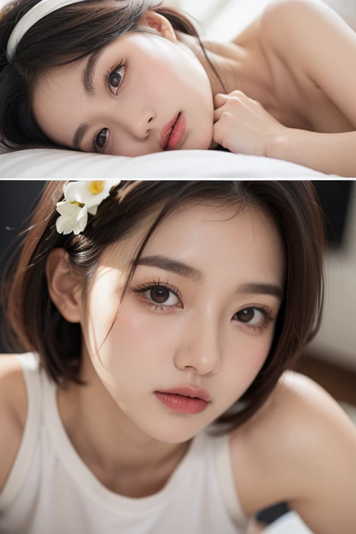 ((best quality, 8k, masterpiece: 1.3)), 1 girl, Slim Abs Beauty: 1.3, ( Casual and cute hairstyle: 1.2), : 1.1, Charming face expression of enjoyment and desire, Detailed eyes, double eyelids, With earrings, bedroom, Concert makeup, ((Medium breasts nude, cute breasts)), (Lying in bed), (The portrait was taken from above her lying body)