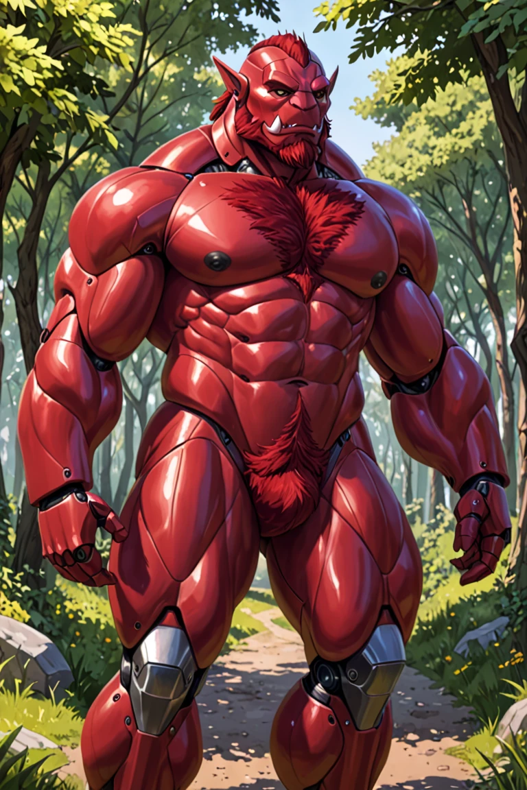Solo, Anthro, Furry, Male, Red and Black Dragon, Full body, Very Muscular, Bara, Big, Buff, Very Big, Very Tall, Giant Sized, Monster Sized, Very Tall, Macrophilia, Gigantism,Long Red Hair, Looking at viewer, Wearing Black Briefs, Cock bulge, Balls Bulge, Large Bulge, Giant Bulge, Detailed clothes, Detailed Face, Forest Background,(masterpiece, high quality,hi-res,8k had), High Resolution, High Detail)