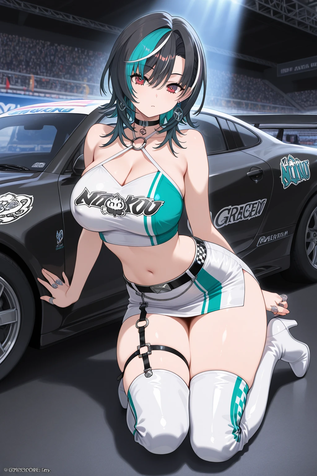 Dark elf, hime cut hair, J cup breast, thicc thigh, race queen, holding umbrella, erotic race queen outfit, charming smile