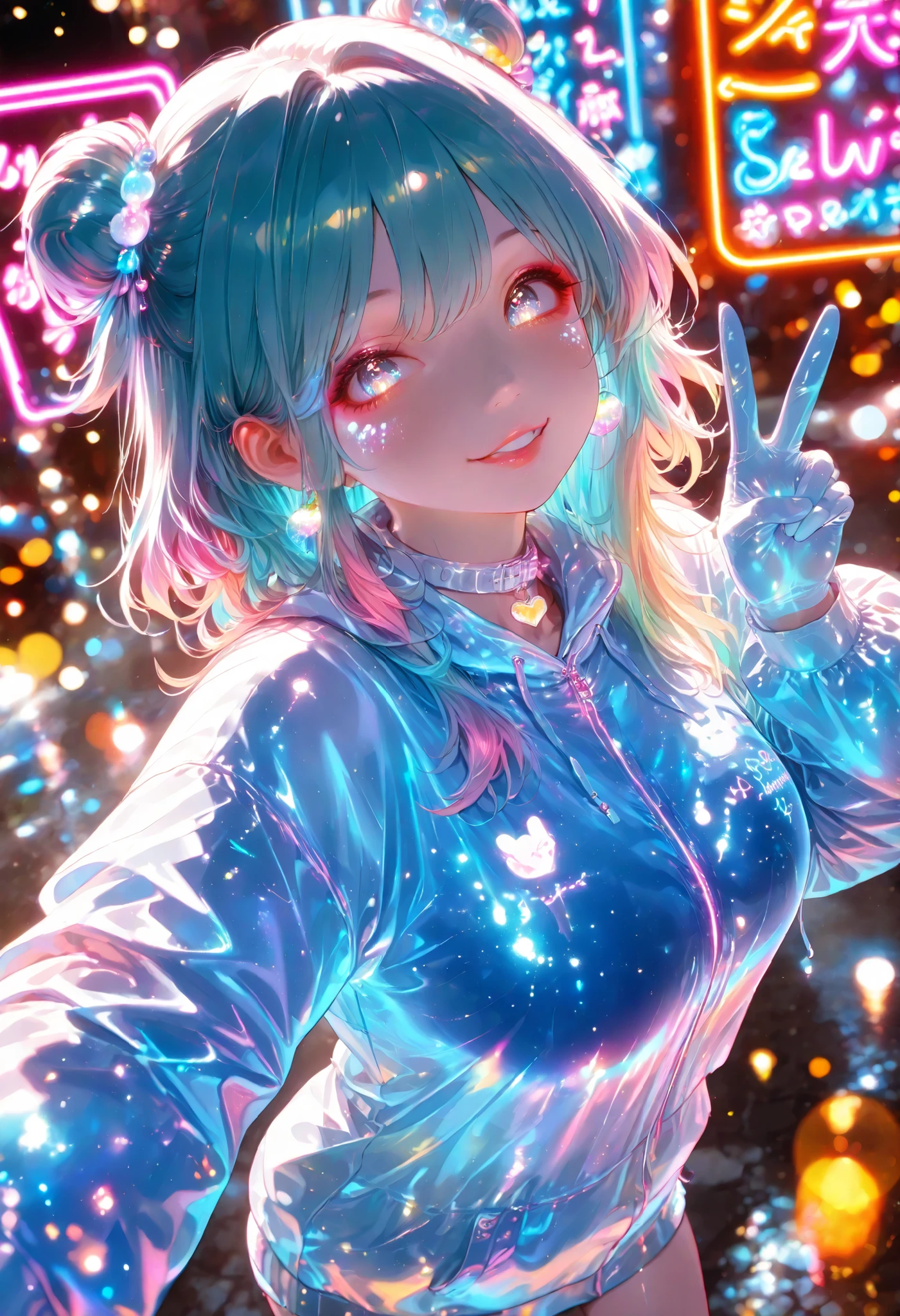 neon light border full of detail-filled shining woman illustration, ((V sign:1.4, from above:1.2)), Beautiful Woman Teleported by Psychedelic Chemical Reactions、Bar Wrapped in Neon Lights、Amazing Scenery High Resolution,4K,high quality,Extremely fine,Realistic,as pictured,HDR,UHD,Studio Lighting,ultra-detailed depiction,Clear Focus,Physical Based Rendering,Professional,bright colors,bokeh