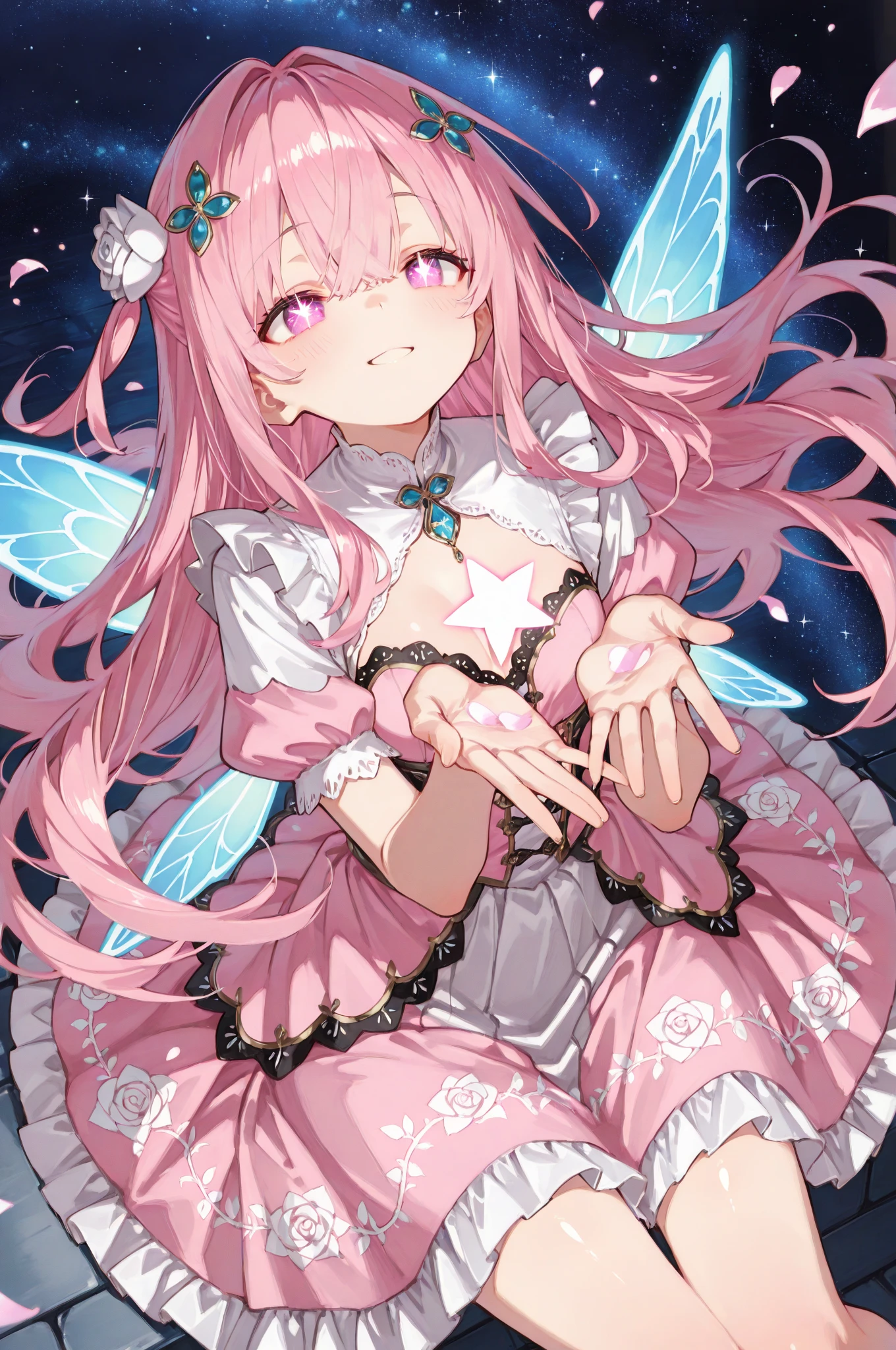 butterflys，white wedding dress,((A detailed and attractive smile)),Redness of the cheeks，8k wallpaper，detailedbackground，Highest high resolution，Deep V Big，voluminous long hair，Bandeau Wedding Dress，chies，Pale pink roses，tight fitted，stocking gig, ((A gorgeous ribbon tied around the neck))