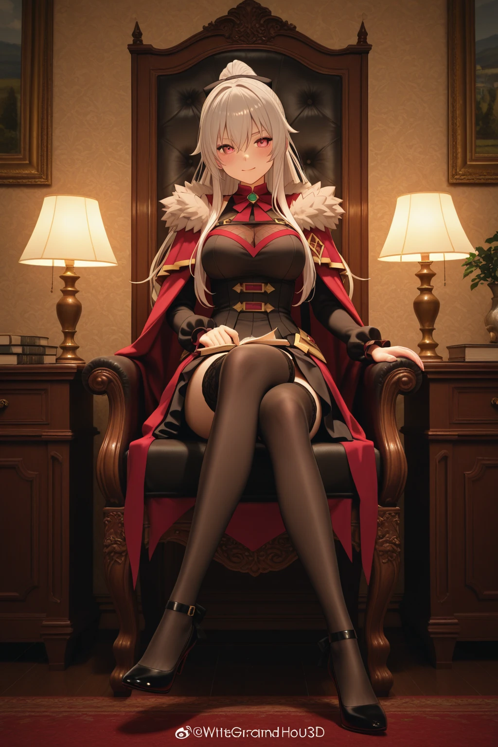 Black german world war 2 outfit, young 18 year old female, white hair, red eyes, serious expression, war background, anime style, sitting in the thrown. 