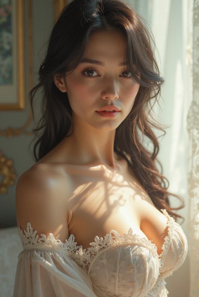 antique hand-painted, beautiful detailed eyes, beautiful detailed lips, extremely detailed face, long eyelashes, soft porcelain skin, delicate features, vintage style, elegant dress, graceful pose, natural lighting, muted color palette, subtle brush strokes, aged texture, full body portrait, high-resolution painting, classic art, masterful technique, intricate details, subtle shading, fine art, refined beauty, spreading legs, (((nude, naked))),