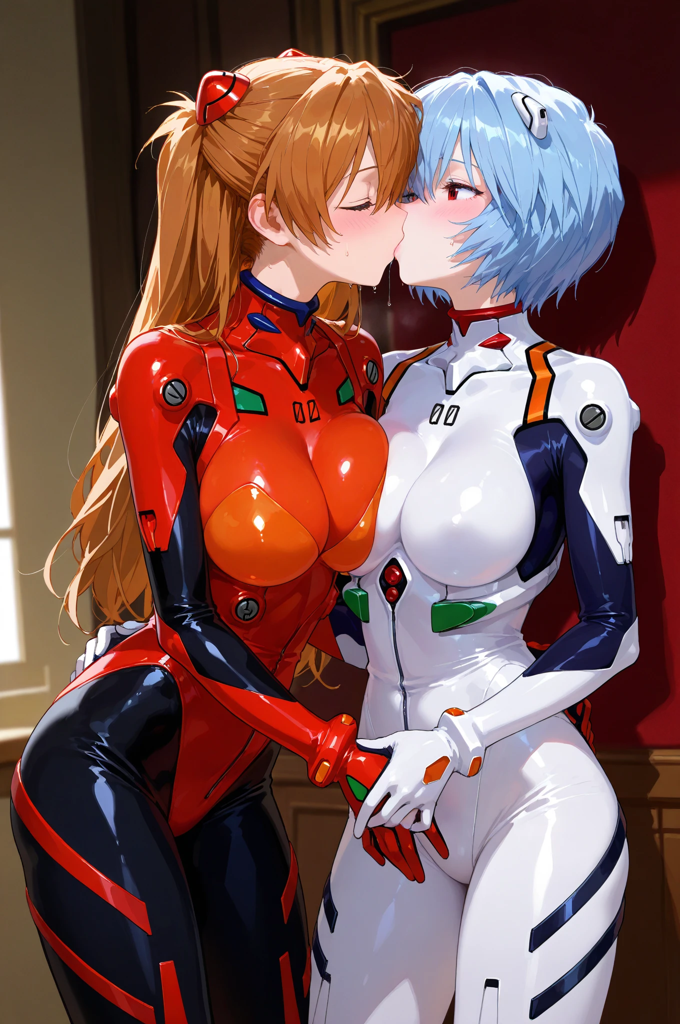 (Highest quality, High resolution), ((Two people)), ((ayanami gives sex to souryuu_明日香_langley:1.4)), , (bukkake), futanari, doggy style, sex, (ayanami),  (souryuu_明日香_langley, bodysuit, red_bodysuit, neon_Genesis_evangelion, medium_breasts, plugsuit), (nsfw)