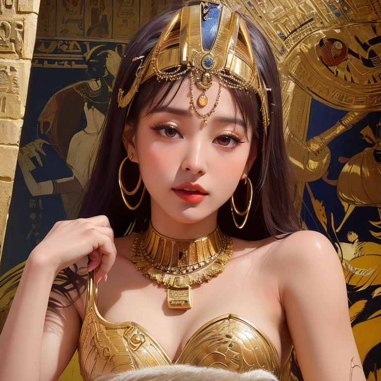 Taweret Holding the Ankh of Life: Taweret stands powerfully, holding a large ankh in both hands, its golden light symbolizing life and protection. Her body is a mix of hippo, crocodile, and lioness, combining strength, fertility, and motherhood. Her robes are adorned with protective amulets, and her expression is both fierce and nurturing. (having beautiful breasts: 1.33), (having clothes: 1.77).