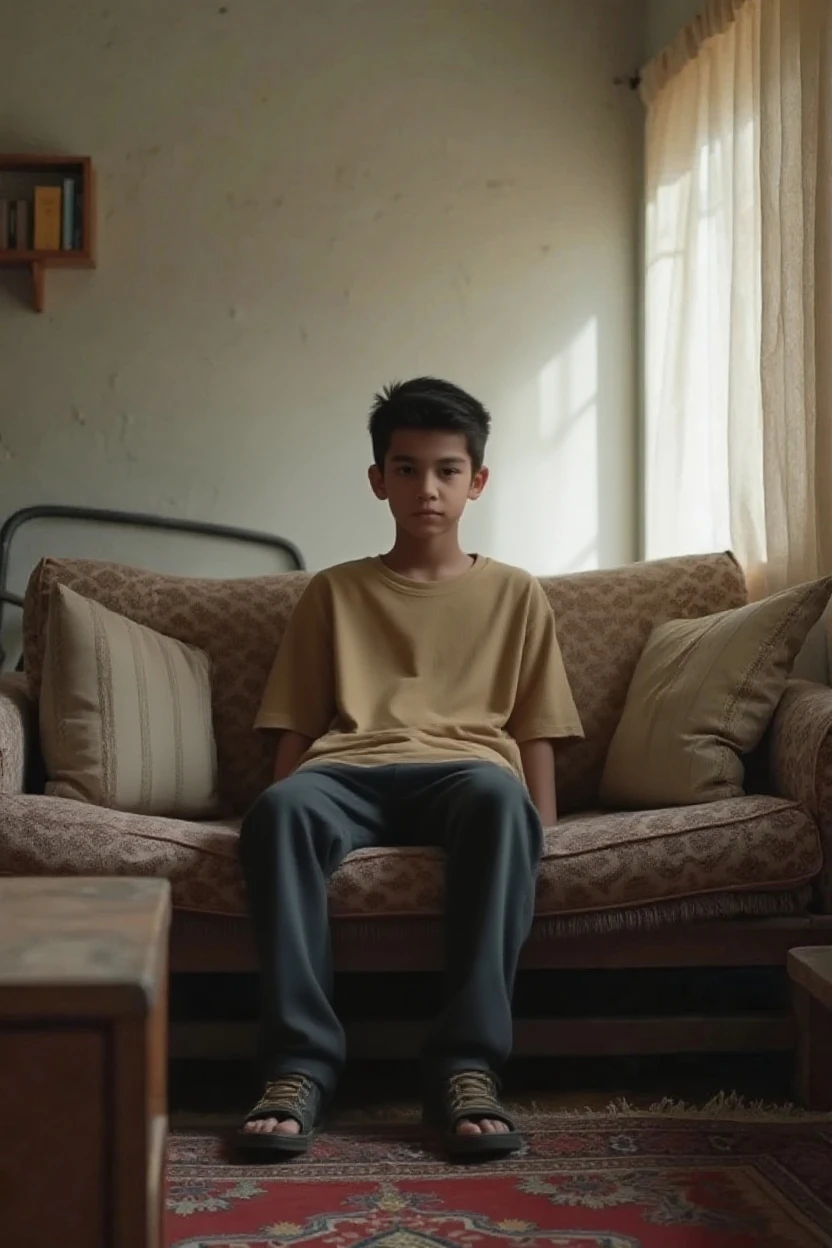 An 2 3d illustration smart boy whose T-shirt is navy blue in color. He is sitting on a chair with sadness. The background will be black with some light coming from behind.