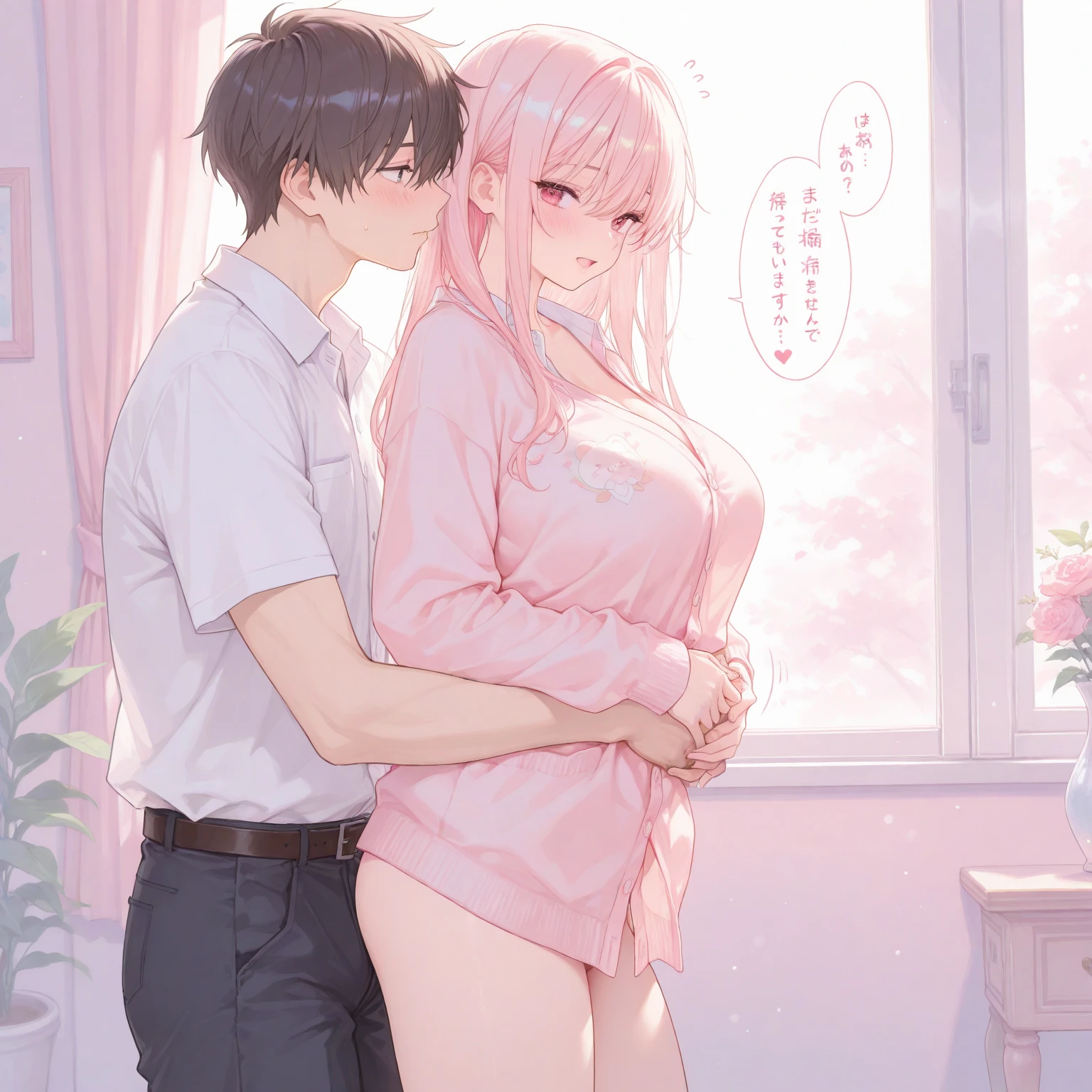 masterpiece (((1 man))) 1 girl (((men and women))) Pink hair Long hair Green eyes Huge breasts (big nipples) NSFW  (orgasm) (heart eyes) ((A man fondles a woman&#39;s breasts from behind)) ((Grabbing breasts)) uniform blazer  (red lace bra) deep kiss (Dialogue on screen)