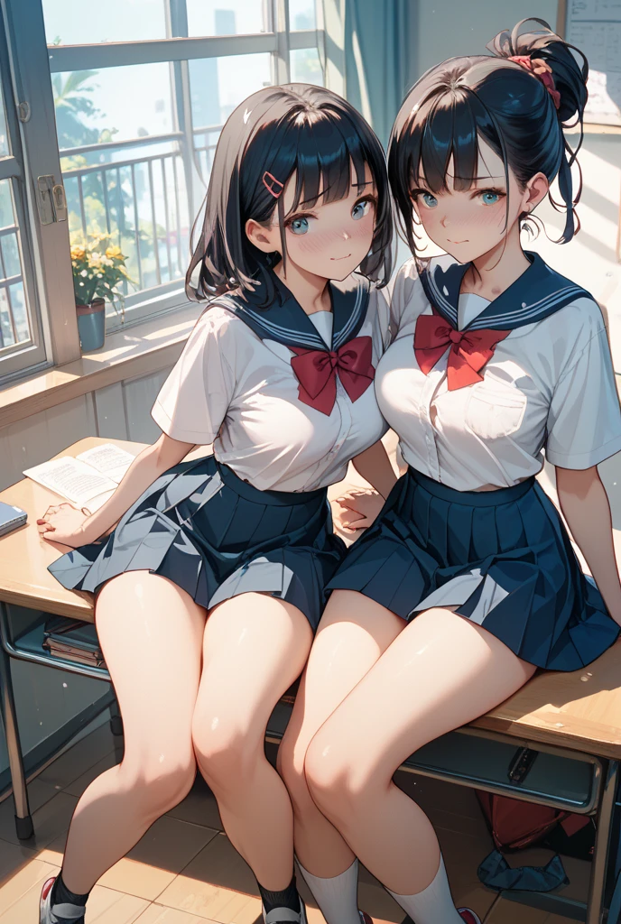 masterpiece、Highest quality、Ultra-high resolution、Big tits teen 、Twin tail hairstyle、Black Hair、Red face、mock、Open your mouth just a little、Short-sleeved sailor 、 for teenage schoolgirls、Knee-high socks for teenage girls、White beret for teenage girls、In the classroom, โชว์หน้าอก, โชว์กางเกงใน, กางเกงในสีขาว,