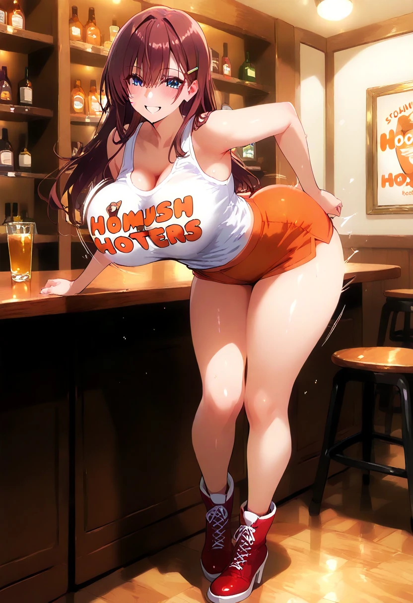 masterpiece, best quality, shortstackbt, 1girl, short, shortstack, plump, huge breasts, red ponytail, happy, closed eyes, open mouth, white shirt, busting buttons, skirt, sitting, cowboy shot, (indoor, bar, window, stool:1.0),