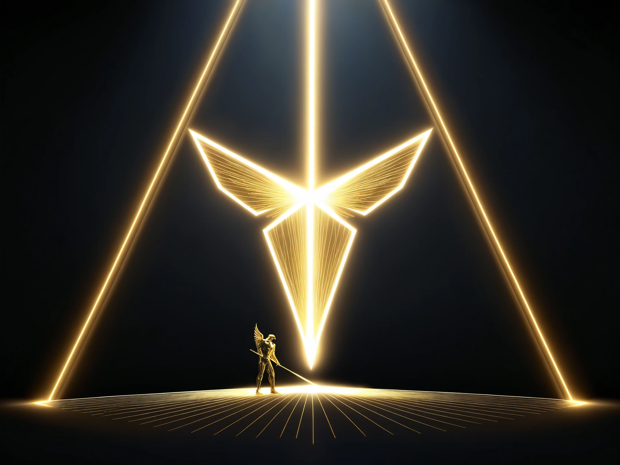 golden triangle again a black background and stage. golden laser beams. geometric . angel standing in the middle, holding a spear of lightning
