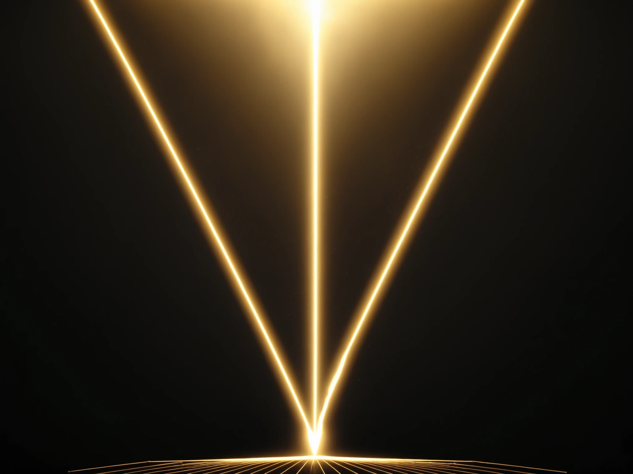golden triangle again a black background and stage. golden laser beams. geometric . angel standing in the middle, holding a spear of lightning 