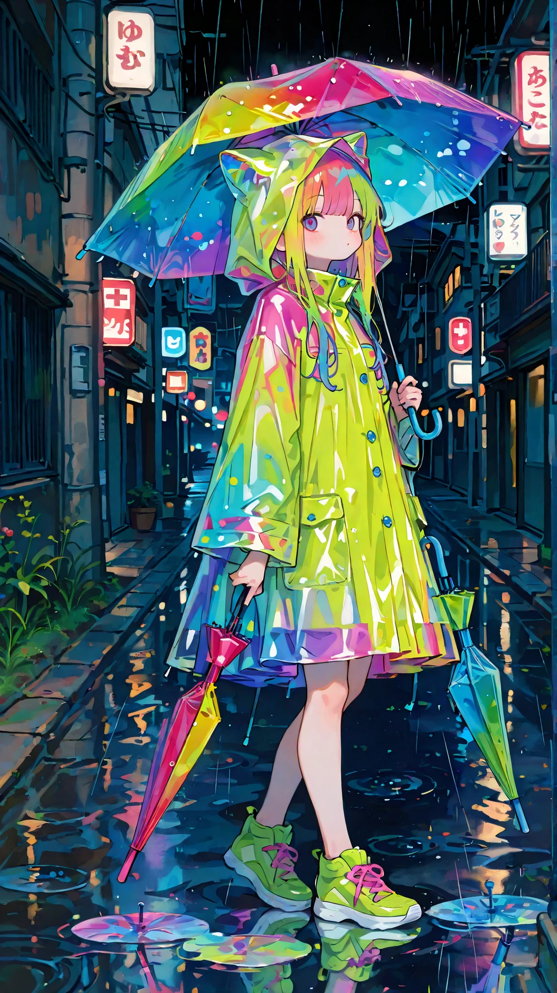 cute,748cm style,ral-drptpl,(Masterpiece:1.2), (top quality), (Beautiful detailed eyes:1.2), ((1 beautiful woman)), (Highly detailed CG), (super detailed), (very fine and beautiful:1.1), (Perfect Details:1.1), (amazing illustration), solo, cute年輕女孩, (Wear colorful raincoats:1.3), (穿着cute雨靴:1.2), (holding a huge, Colorful umbrellas :1.5), walking alone in the heavy rain in the middle of the night, puddle reflecting the city lights, Quiet city street, Soft streetlights shine, Melancholy yet calm atmosphere, Rain marks , wetland, Subtle Reflection, gentle expression, slightly down, Feel warm under an umbrella, watching the woman and her umbrella、Long hair、big boobs