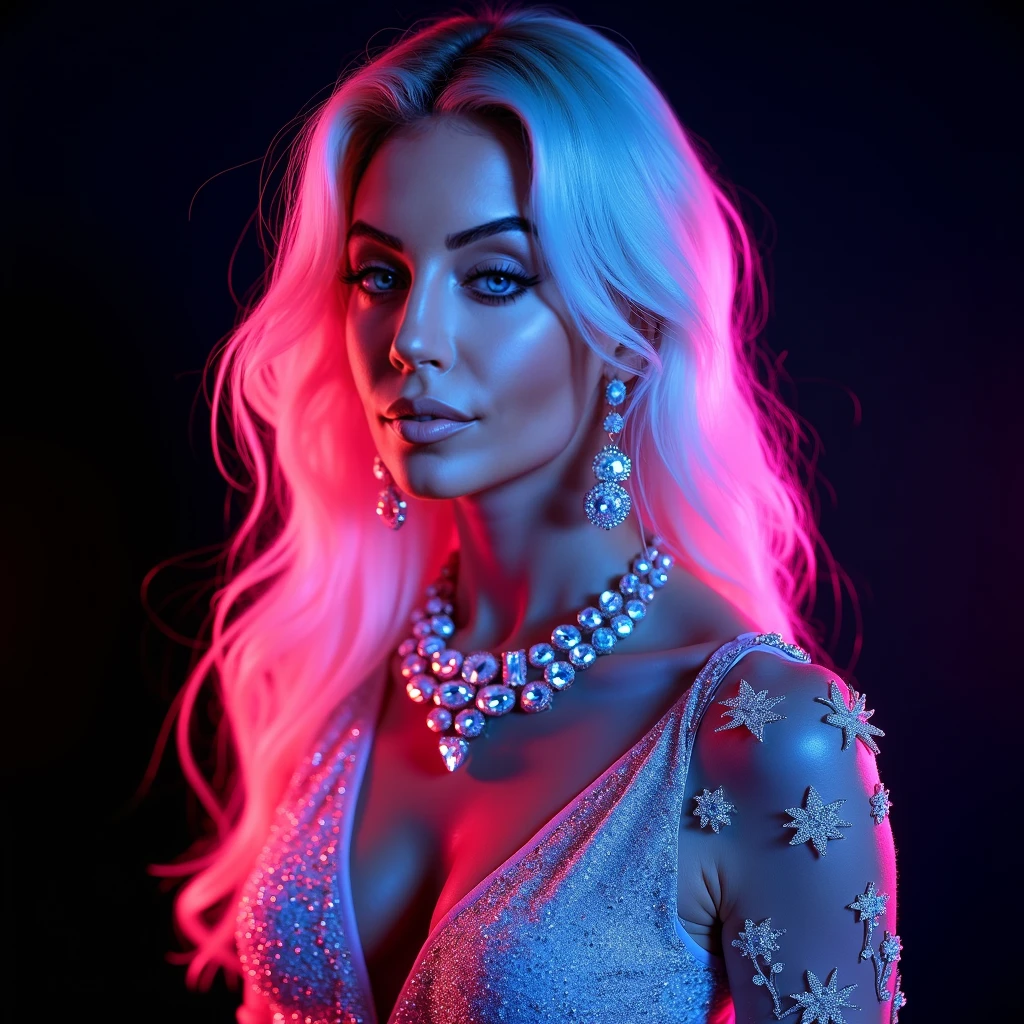 Foto de lady gaga, textura 4K, sosten en piedras y diamantes negro y beige,neon,cabello extravagante, imagen en 8k, alta costura, flashes, alta calidad de imagen,vestido neon, rostro realista, varias poses corporales, cuerpo completo, imagen 8k, Sharp image,HD, gafas azules, rostro HD,fondo de galaxia, Very sharp and detailed face, cuerpo completo, diferentes poses