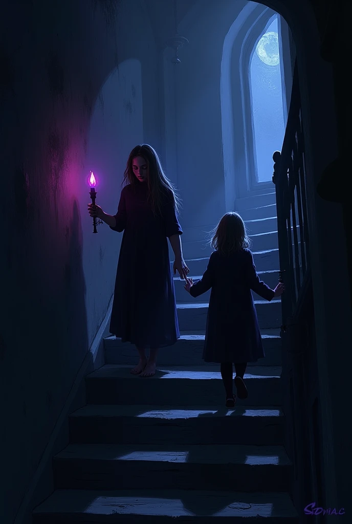 First Glimpse of the Witch:

Illustrate Emily opening the attic door and seeing a dark figure in the corner. The figure is a witch with tangled hair and a sinister smile.