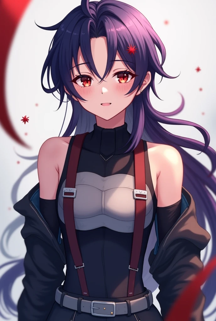 masterpiece, best quality, mgrpRipple, hair ornament, side ponytail, red scarf, bikini top, purple miniskirt, detached sleeves, suspenders, fishnets, gloves, thighhighs, standing, japanese architecture, night, looking at viewer, cowboy shot, emotionless, crossed arms, from side, large breasts