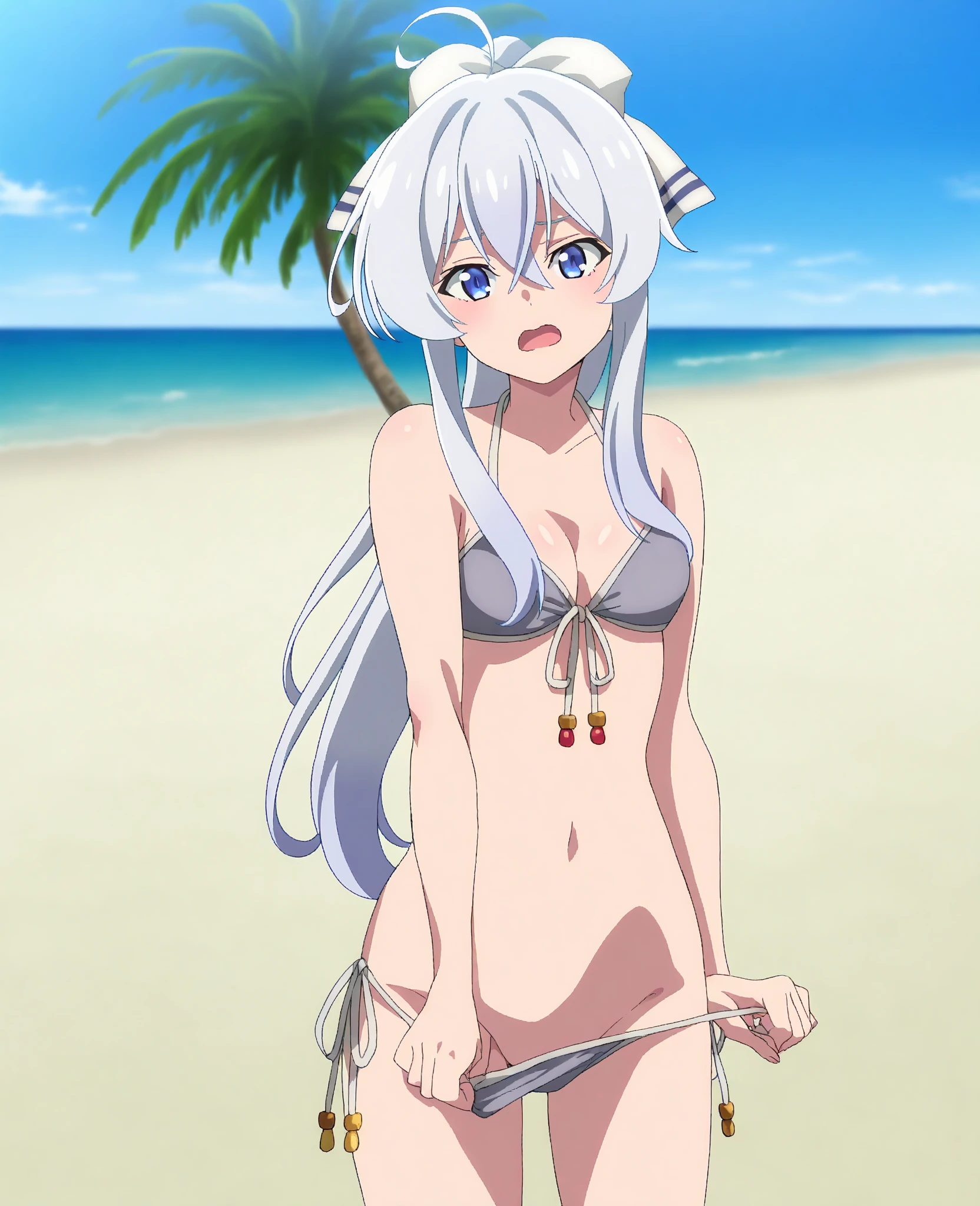 Echidna,solo,looking at viewer,(blush:1.3),black bikini,arm at side,bare arms,bare legs,collarbone,outdoors,beach,all fours,
