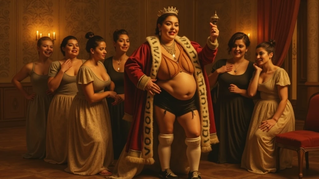 (a naked overweight ancient roman senator), beautiful detailed eyes, beautiful detailed lips, extremely detailed face and body, ((surrounded by several prostitutes wearing loincloth made of jewelry)), high quality, hyper detailed, photorealistic, 8k, dramatic lighting, chiaroscuro, cinematic composition, dramatic colors, dramatic lighting, glowing skin, ornate decorations, intricate patterns, rich textures, luxurious details, lavish environment
