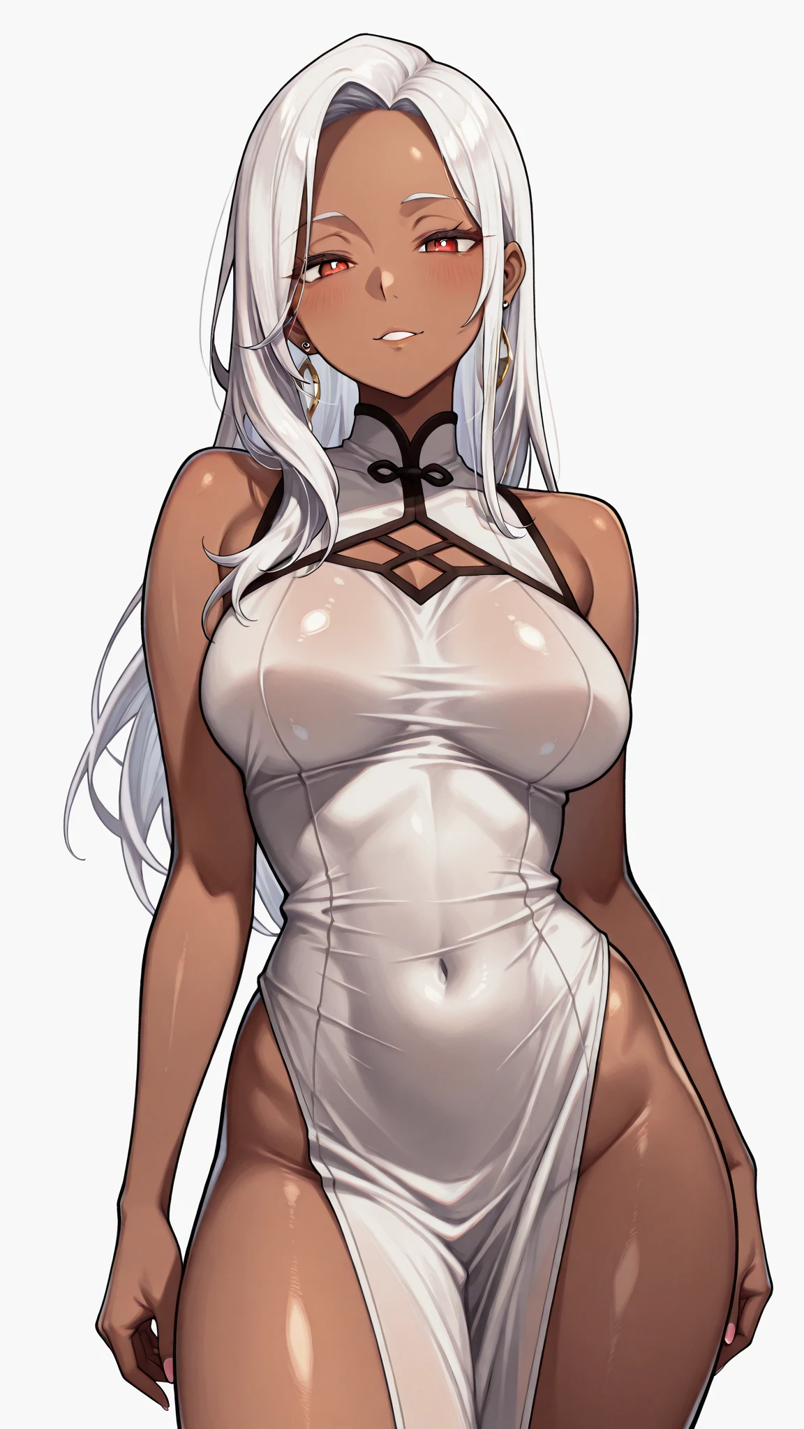 1 woman, 25 years, 独奏, (russian woman:1.5), ((Adult woman)), ((Muscular woman)), ((evil face)), evil smirk, red-lips, hairlong, (white colored hair: 1.5), red eyes, hairlong, (Braided big tail: 1.2), hair ornament, Bangs, wide shoulders, elastic hips, elastic ass, Elastic breasts, makeup, red eyeshadow, blusher, ((medium boobs)), ((Slim waist)), ((Slim ass)), (white transparent dress with side neckline: 1.4), (Squatting: 1.6), (spreading legs: 1.5), (cameltoe:1.5), (Detailed: 1.G), beste-Qualit, 4k, (High image detail: 1.5), (Realistic:1.4), (detailized face: 1.5), (A clear body figure: 1.5), On the street in the park, Green trees in the background, simple blurred background,