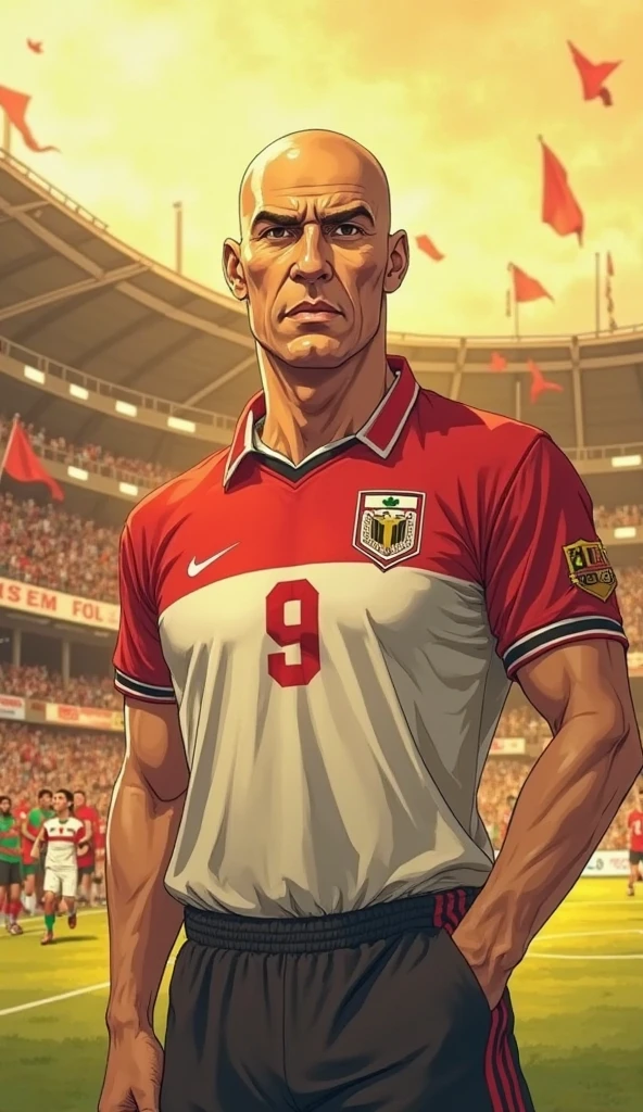 ((Anime, Manga art-style) turkey native a middle-aged male athlete, professional sports shooter White Turkish flag clothing, robust athletic build, confident calm posture, strong defined facial features, expressive eyes, focus and determination, short slightly graying dark hair, shooting with both eyes open, minimalistic sports gear, subtle lighting, professional shooting range