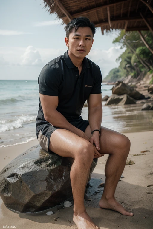 full body portrait photo with natural effect. clothes: Topless, white volleyball shorts,bigger Phallus in hip brief. shoes: wearing black shoes. situation: Handsome Indonesian young man Is lying down in the river with his clothes wet from the river water facing the camera