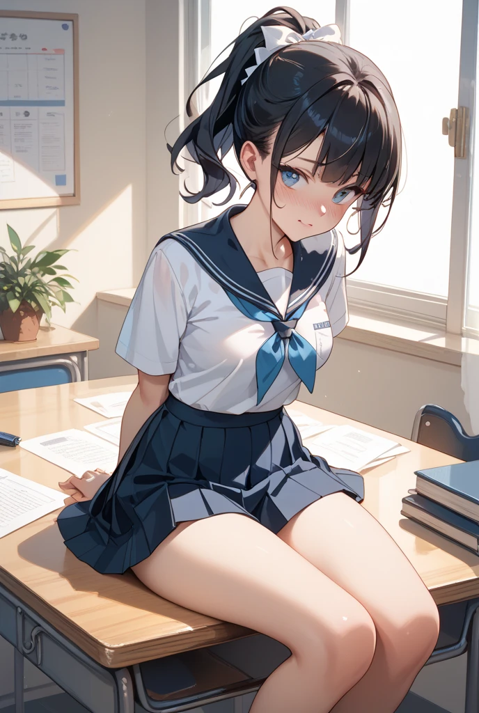 (masuter piece:1.3)、(top-quality:1.4)、超A high resolution、(eye detailed)、(facial features details)、(The specifics of the features of clothing)、nffsw、8K分辨率、solofocus、bangss、skintight、(shinny skin) )、(Slender girl)、realisticlying、(Extremely detailed illustration)、Check Commentary、Commentary Request、(Schools、Classroom、chalk board、desk and chair)、No letters、VirtualGirl-Rin、(A slight smil、A look of shame、A look of bewilderment、look up to)、(Soft udder、Rounded protrusion in the center of the areola、small areolas)、(A dark-haired、Ponytail and ribbon)、a choker、1 daughter、kawaii、hi-school girl、(The breast is covered in a white transparent sailor suit、Female Student Uniform) 、Short, Blue and soft pleated skirt、(Covered from calf to toe with plain navy socks、(Brown leather shoes、lowfers))、(Squats with both knees bent、Opening legs、Straight neck with back and hips)、((Squatting in a transparent puddle on a desk、While looking at that puddle、Under the buttocks there is a transparent puddle with a diameter of 450 mm))、 (The female genitalia and butt hole are covered with transparent very small white wet underwear)、One person on the screen、Correct quantity of limbs、Emphasis on butt hole、Keep your posture with your hands、