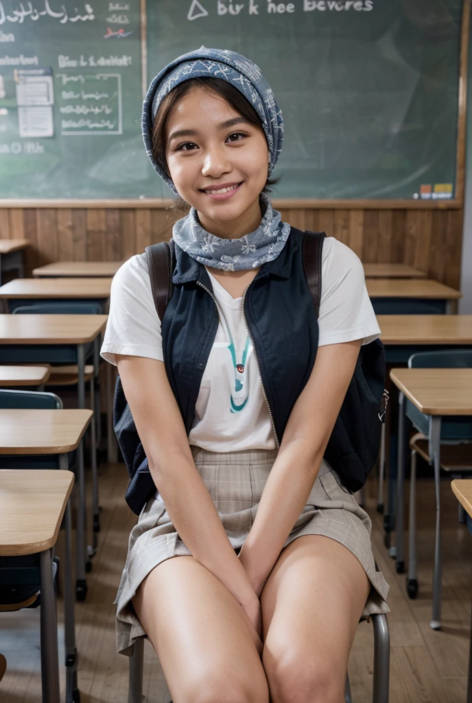 Plump vagina, sweating vagina, Beautiful girl wearing narrow dark hijab malay teenage girl 18 years old, kelantanese look, cute girl face, smiling, eyes looking at camera, grin, big laugh, nude, naked, naked body, sperm on vagina, no clothes, no clothing, big breasts about to burst out, closeup vagina, closeup view, plump body, showing vagina, vagina view, plump thigh, realistic skin, view from below, spreading legs on desk, in empty classroom, books on table, hand holding smartphone, side lighting, day time, sun light, high quality, ultra detail, 35mm lens, establishing shot, pastel color grading, depth of field cinematography effect, film noir genre, 8k resolution